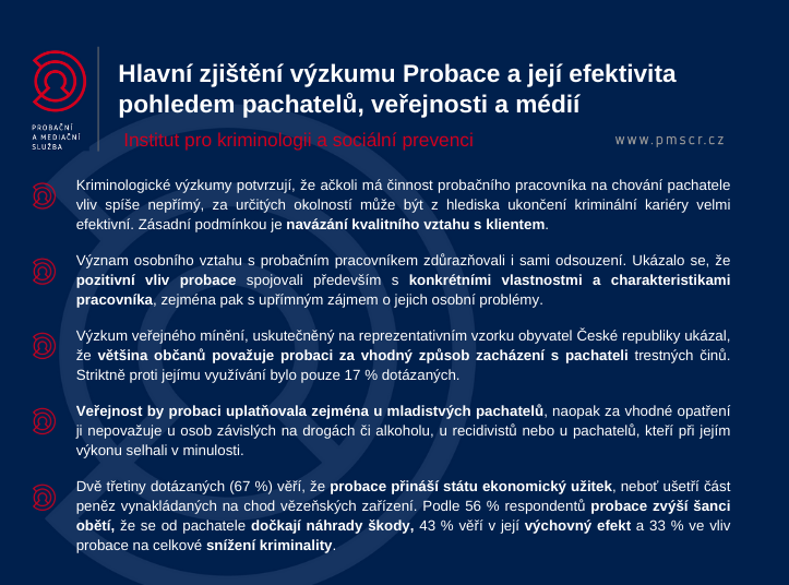 Hlavní zjištění výzkumu Probace a její efektivita pohledem pachatelů, veřejnosti a médií